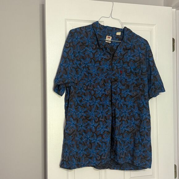 LEVI'S Relaxed Fit Short Sleeve Shirt Mens XL Blue Brown Hawaiian Floral Pockets - Picture 1 of 4
